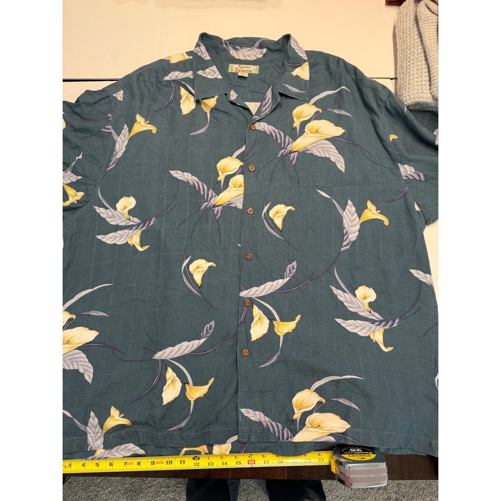 Tommy Bahama Mens XXL Silk Camp Shirt Teal Blue Yellow Calla Lily Floral Print